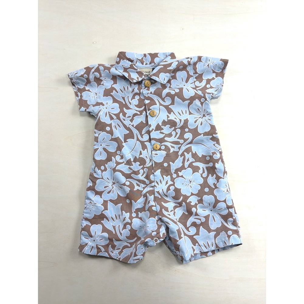 Cach Cach Baby Boys Blue Brown Tropical Floral Romper Sunsuit Made in USA 12M